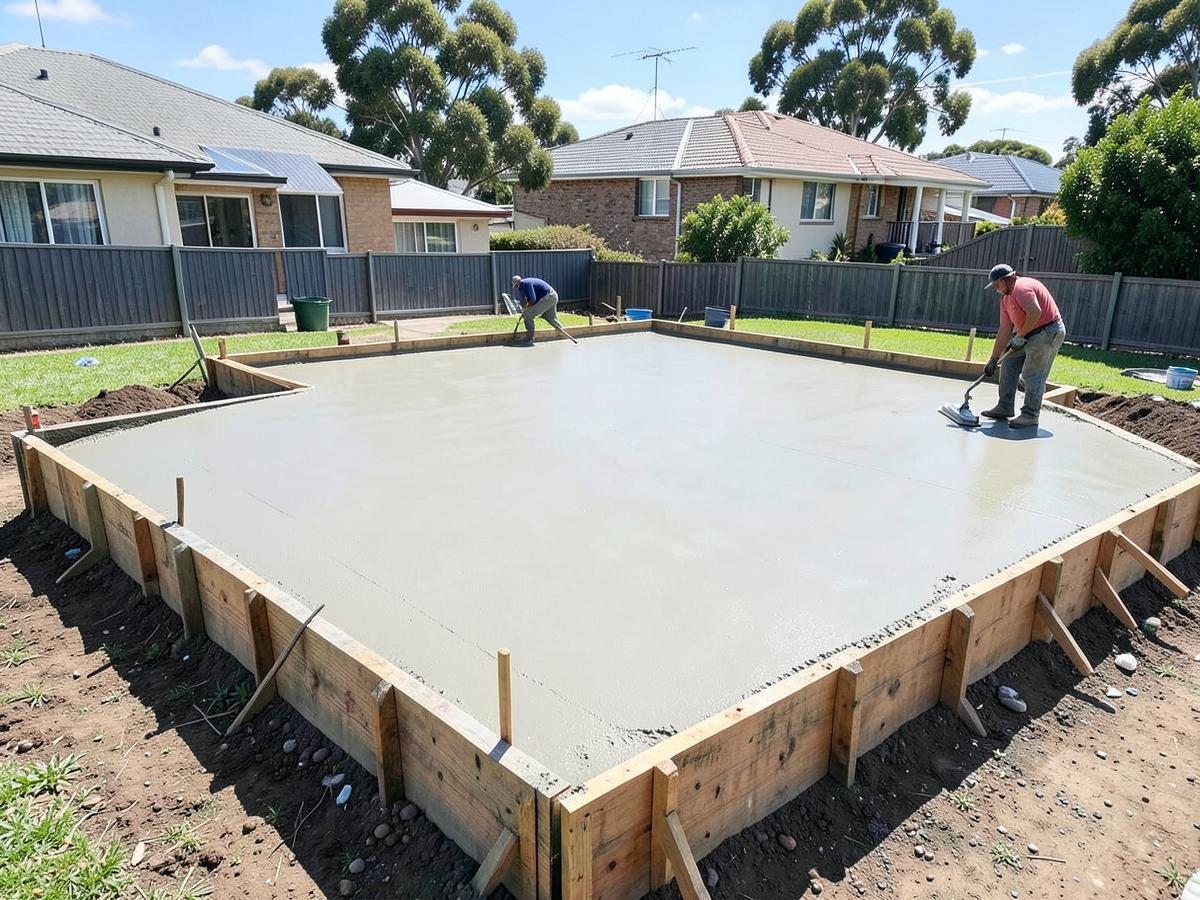 Concreter finishing a freshly poured shed slab at a Tasmanian home